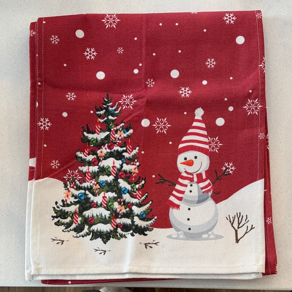 Festive Red Snowman and Christmas Tree table runner